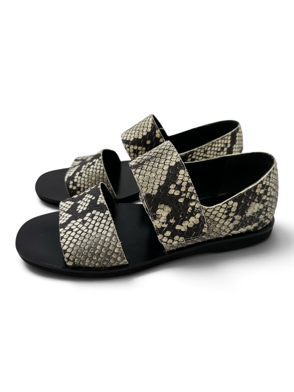 VINCE Snakeskin Leather Flat Sandals Black Ivory Gray Two Strap US 8 EU 40
